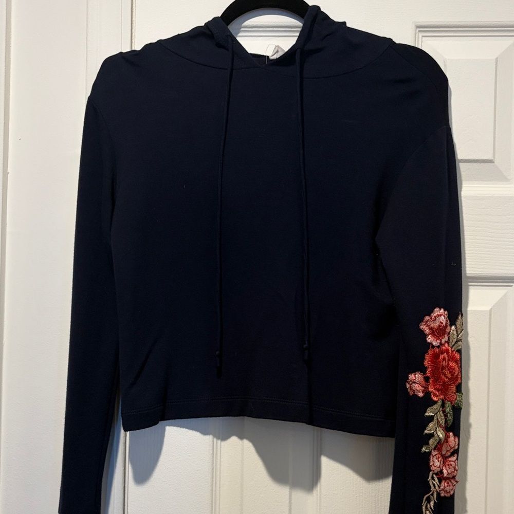 Dirty Laundry Navy Hoodie with Red Floral Embroidery